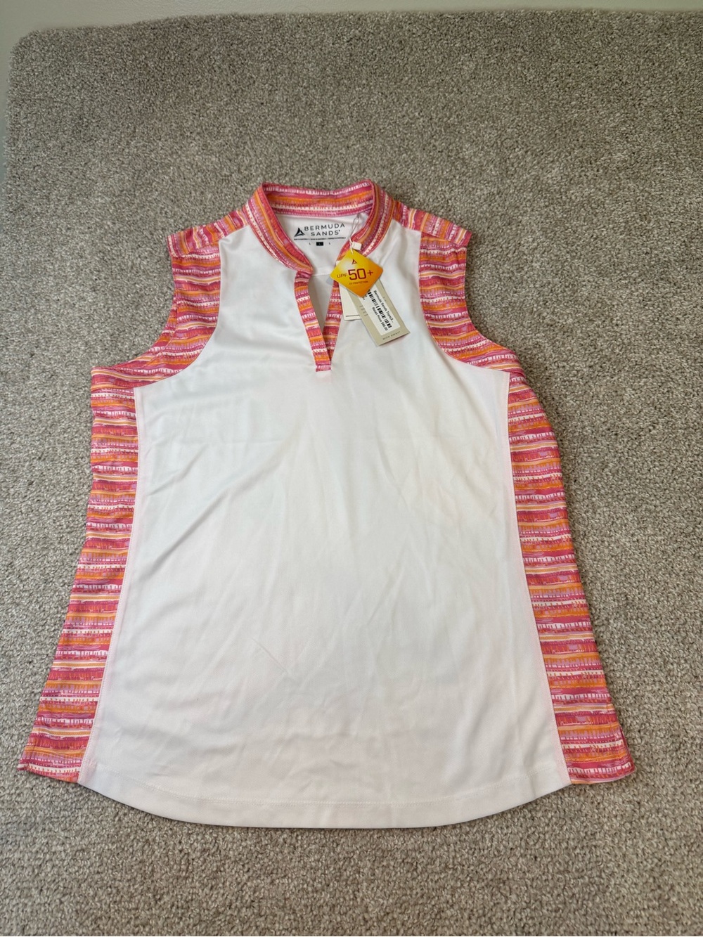 Women’s Bermuda Sands Sleeveless Polo Top - White with Pink Stripe Trim- NEW